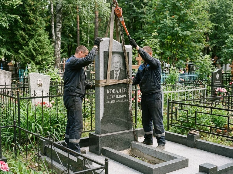 Демонтаж памятника на кладбище в Белгороде — бригада аккуратно снимает старый гранитный памятник с могилы