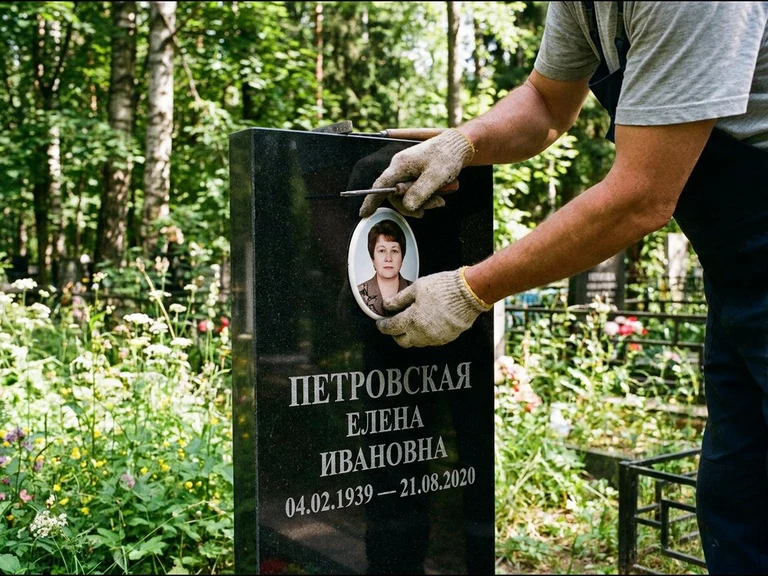 Фото на керамике на памятник в Белгороде — мастер устанавливает овальный керамический портрет на гранитный памятник