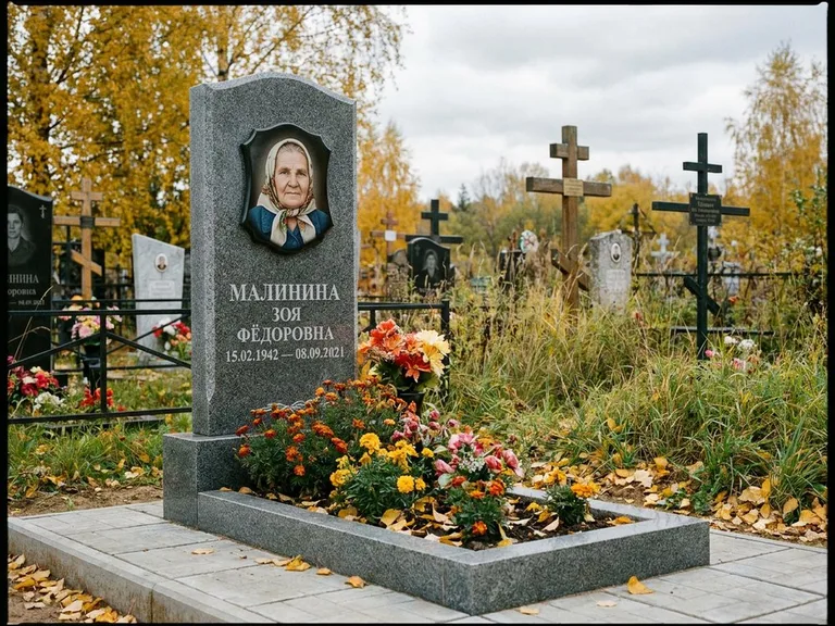 Чёрно-белый керамический портрет на памятнике в Белгороде