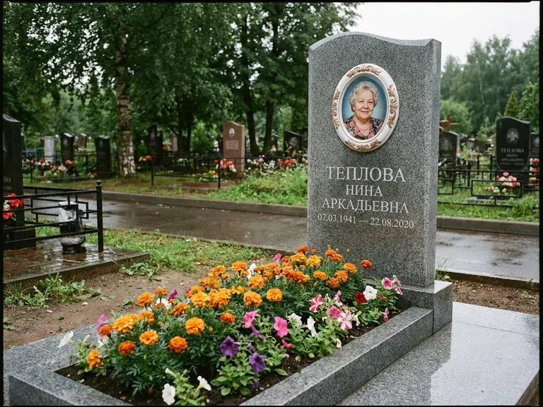 Керамический портрет на памятнике с цветами в Белгороде