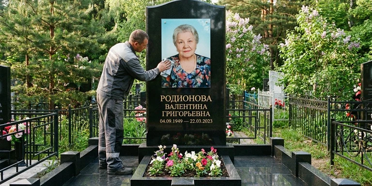 Фотокерамика и печать фото на памятник в Белгороде — мастер устанавливает цветной портрет на стекле на гранитный памятник