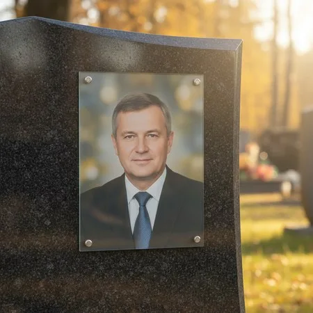 Портрет на стекле на держателях на чёрном граните в Белгороде