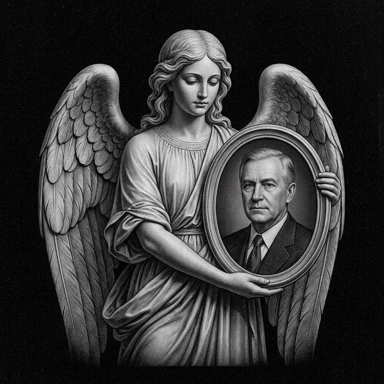 Эскиз гравировки ангела на памятник — объёмный ангел с портретом в Белгороде