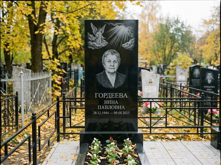 Памятник с гравировкой ангела — гравировка ангела в облаках с лучами над портретом, работа «Гордеева» в Белгороде