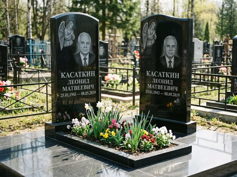Памятник с гравировкой ангела — гравировка молящегося ангела в верхней части стелы, работа «Касаткин» в Белгороде