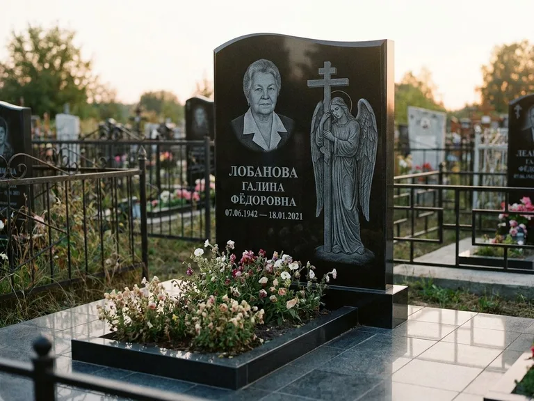 Памятник с гравировкой ангела — гравировка ангела с крестом рядом с эпитафией, работа «Лобанова» в Белгороде