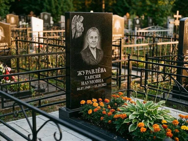 Памятник с гравировкой ангела — гравировка молящегося ангела в верхней части стелы, работа «Журавлёва» в Белгороде