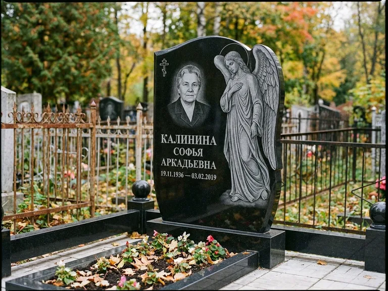 Памятник с гравировкой ангела — гравировка ангела с крестом рядом с эпитафией, работа «Игнатова» в Белгороде