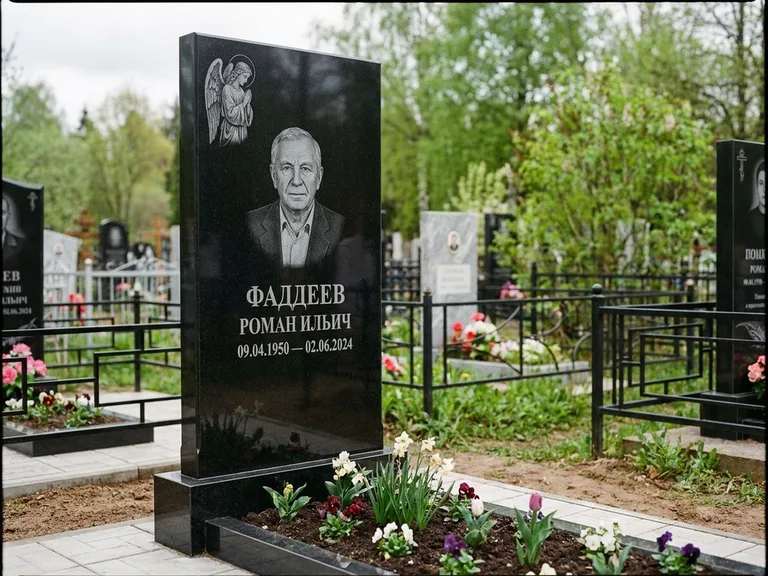 Памятник с гравировкой ангела — гравировка молящегося ангела в верхней части стелы, работа «Фаддеев» в Белгороде