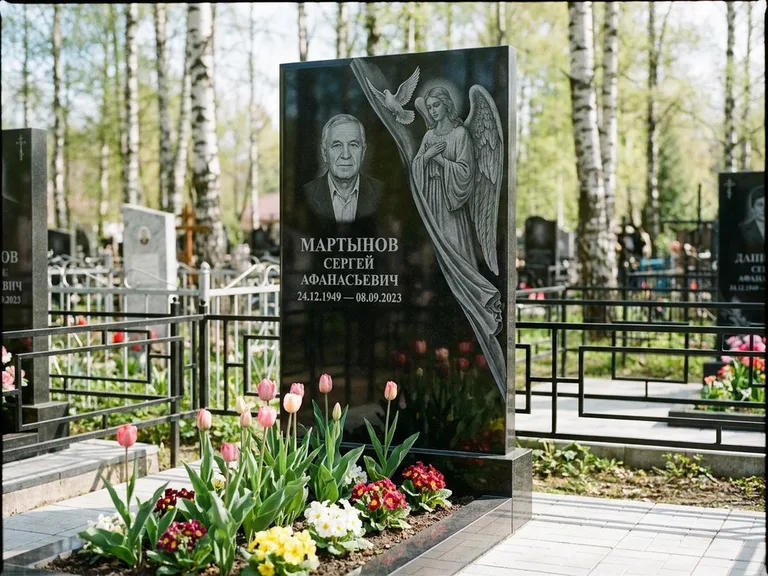 Памятник с гравировкой ангела — гравировка двух ангелов по сторонам портрета, работа «Касаткин» в Белгороде