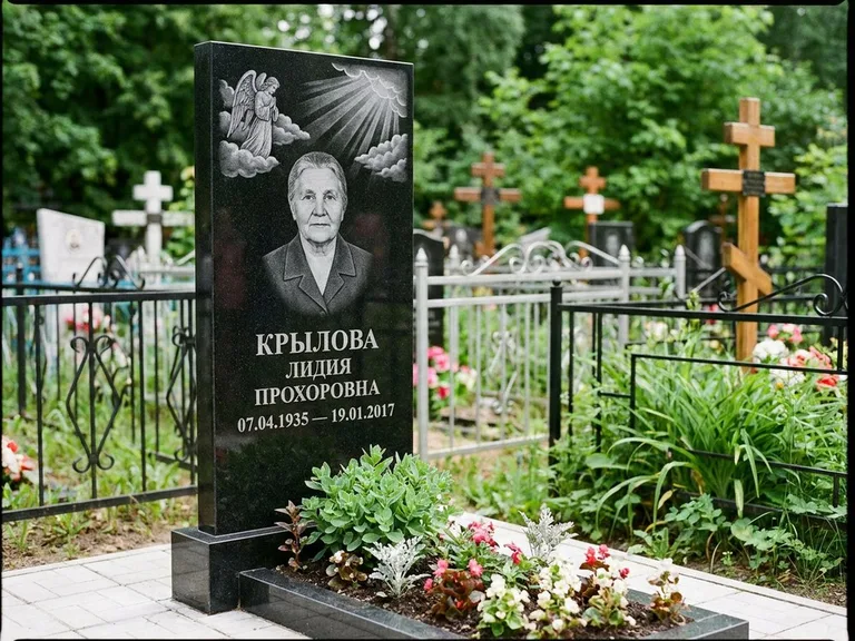 Памятник с гравировкой ангела — гравировка ангела в облаках с лучами над портретом, работа «Лобанова» в Белгороде