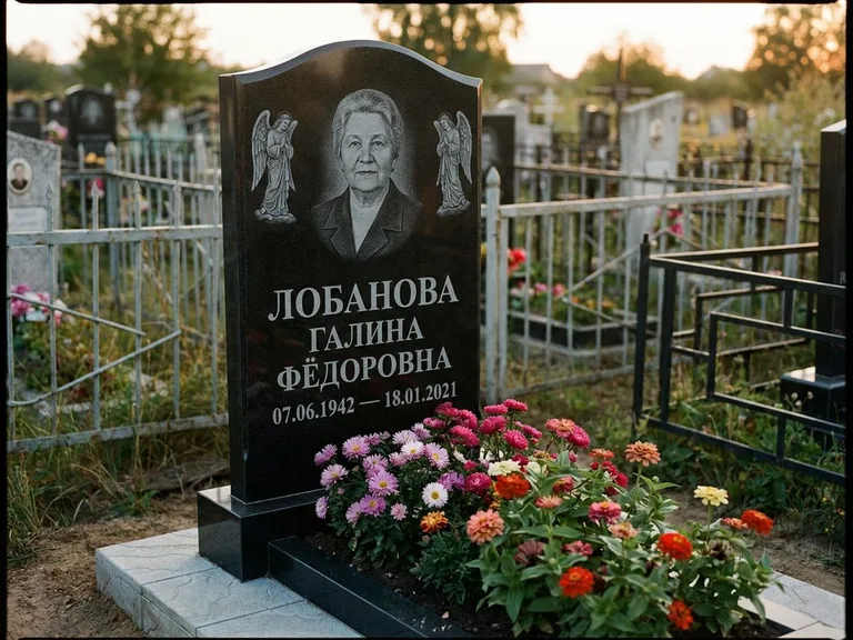 Памятник с гравировкой ангела — гравировка двух ангелов по сторонам портрета, работа «Лобанова» в Белгороде