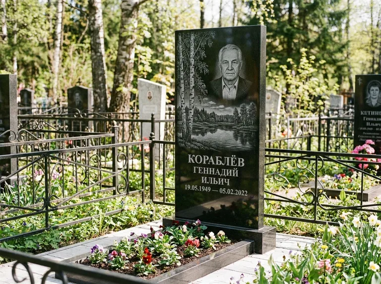 Памятник с гравировкой берёзы — гравировка берёзы у зеркального озера, работа «Кораблёв» в Белгороде