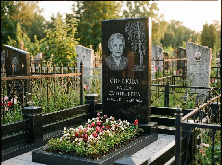 Памятник с гравировкой берёзы — гравировка плакучей берёзы с тонкими ветвями, работа «Светлова» в Белгороде
