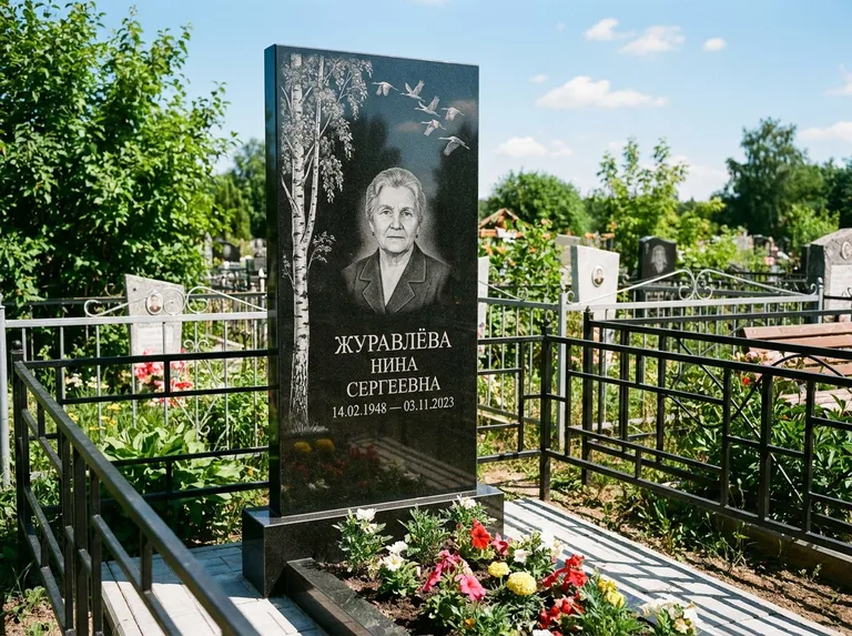 Памятник с гравировкой берёзы — гравировка берёзы с журавлиным клином в небе, работа «Журавлёва» в Белгороде