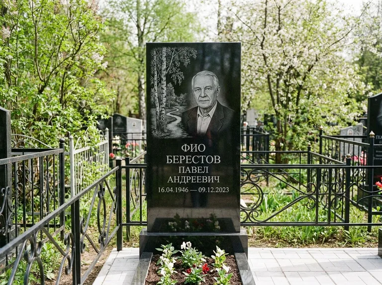 Памятник с гравировкой берёзы — гравировка берёзы у тропинки, уходящей вдаль, работа «Берестов» в Белгороде