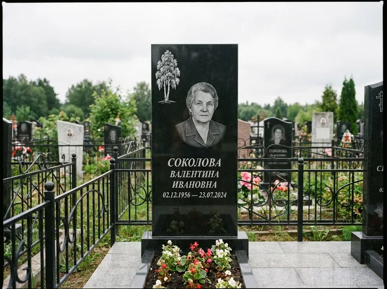 Памятник с гравировкой берёзы — гравировка одинокой берёзы над именем, работа «Соколова» в Белгороде