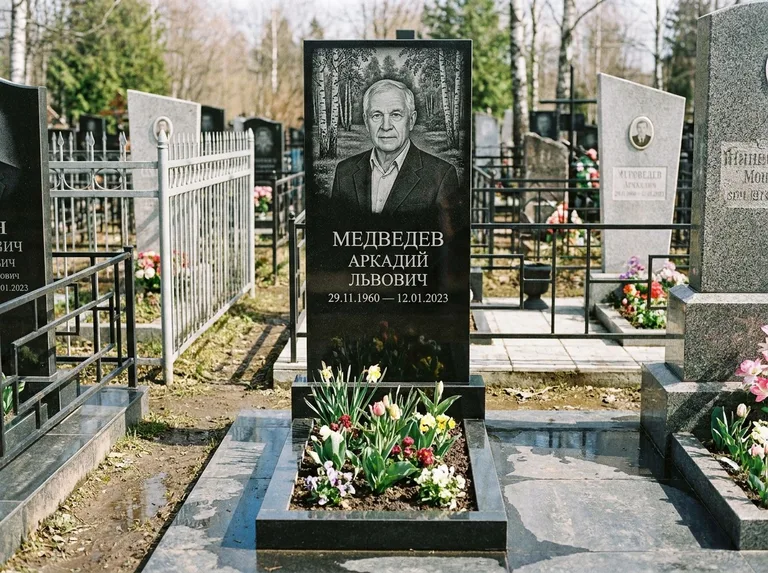 Памятник с гравировкой берёзы — гравировка берёзовой рощи в глубину, работа «Медведев» в Белгороде