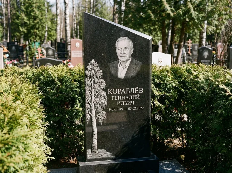 Памятник с гравировкой берёзы: асимметричная скошенная стела — объёмная одинокая берёза с фактурной корой, живая изгородь из туи, работа «Кораблёв» в Белгороде