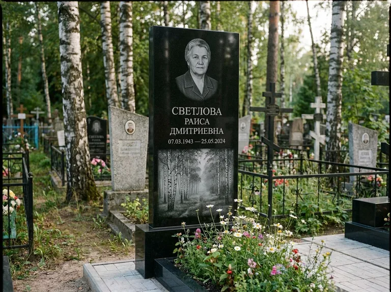 Памятник с гравировкой берёзы: двойная семейная стела — берёзовая роща в лёгкой дымке, цветник с полевыми цветами, работа «Светлова» в Белгороде