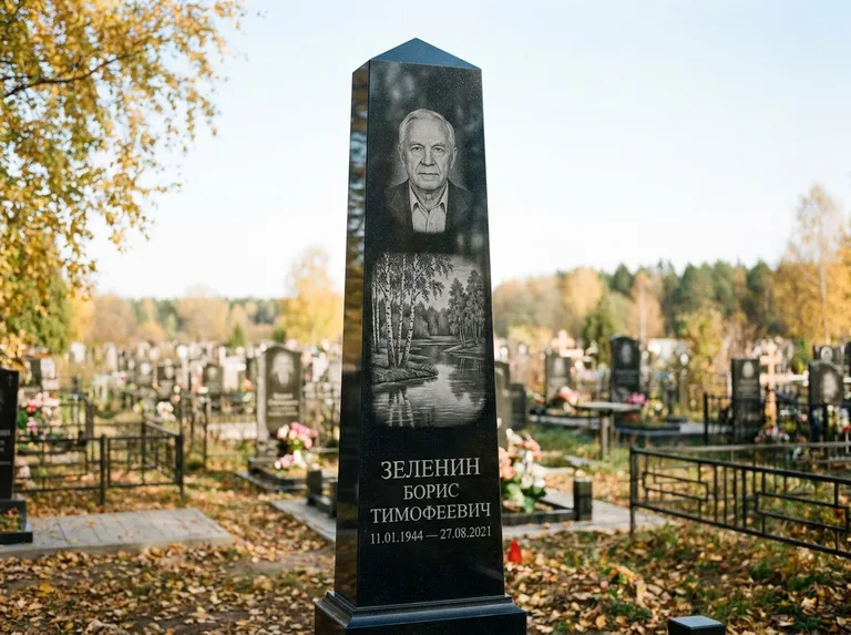 Памятник с гравировкой берёзы: гранёный обелиск-колонна — берёза у воды с отражением, открытый участок, мягкий свет, работа «Зеленин» в Белгороде
