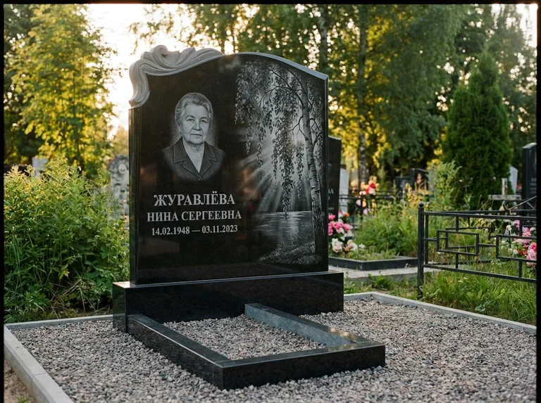 Памятник с гравировкой берёзы: стела с фигурным резным верхом — плакучая берёза в контровом свете, гравийная отсыпка, рассвет, работа «Журавлёва» в Белгороде