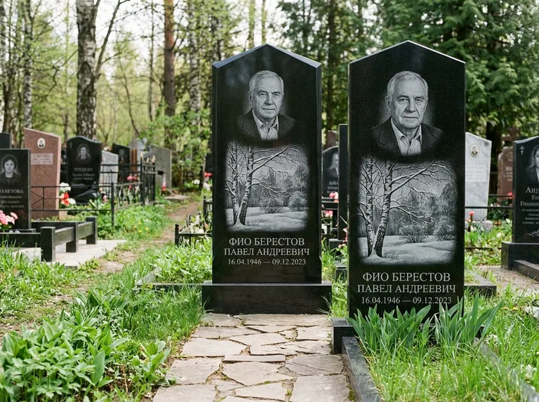 Памятник с гравировкой берёзы: массивная стела с двускатным навершием — зимняя берёза, снег на ветвях, дорожка из природного плитняка, работа «Берестов» в Белгороде