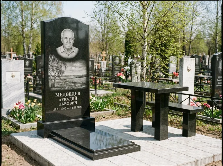 Памятник с гравировкой берёзы: стела с гранитным столиком и скамьёй — берёза у поля, простор до горизонта, семейный участок с плиткой, работа «Медведев» в Белгороде