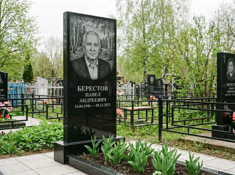 Памятник с гравировкой берёзы — гравировка берёзовой рощи в глубину, работа «Берестов» в Белгороде