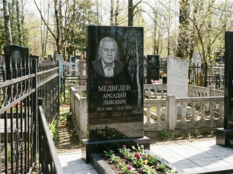 Памятник с гравировкой берёзы — гравировка плакучей берёзы с тонкими ветвями, работа «Медведев» в Белгороде