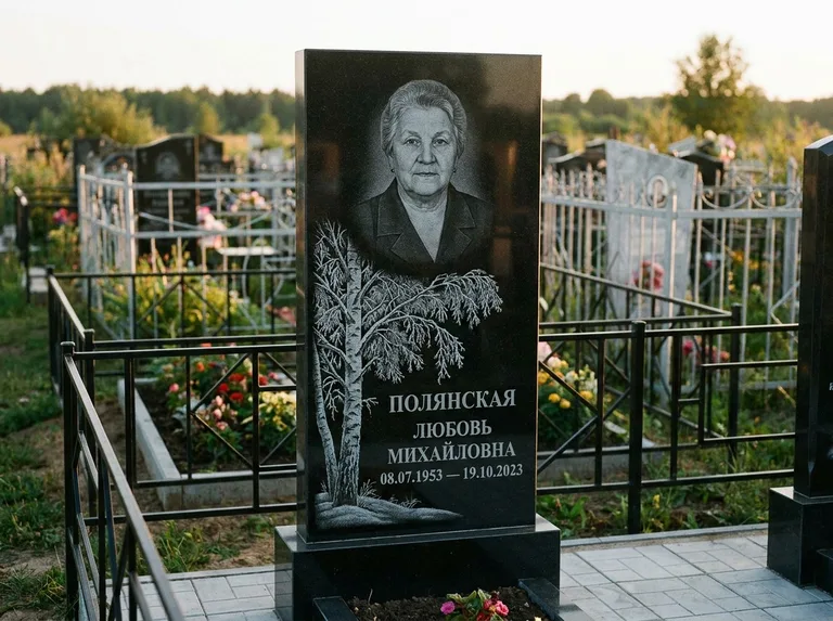 Памятник с гравировкой берёзы — гравировка зимней берёзы в инее, работа «Полянская» в Белгороде