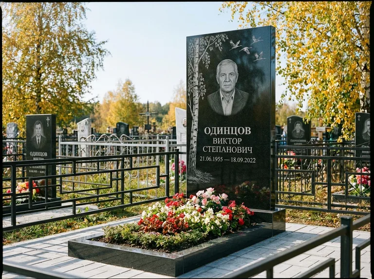 Памятник с гравировкой берёзы — гравировка берёзы с журавлиным клином в небе, работа «Одинцов» в Белгороде
