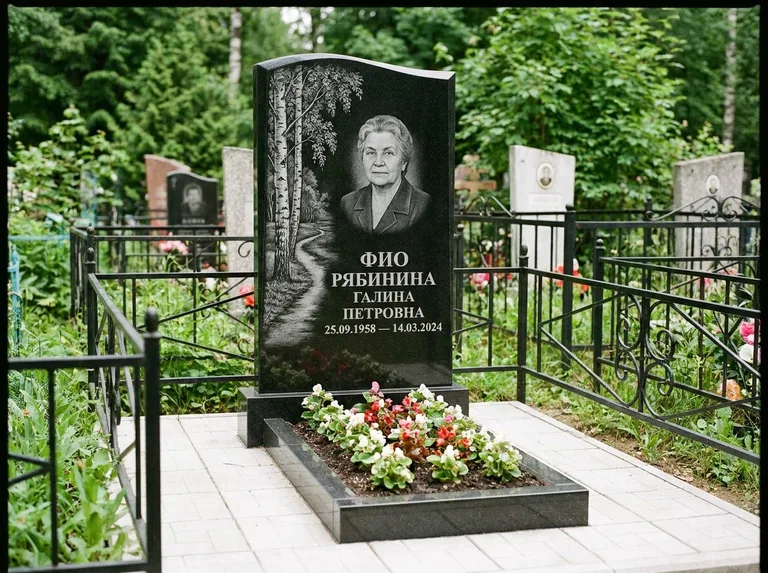Памятник с гравировкой берёзы — гравировка берёзы у тропинки, уходящей вдаль, работа «Рябинина» в Белгороде