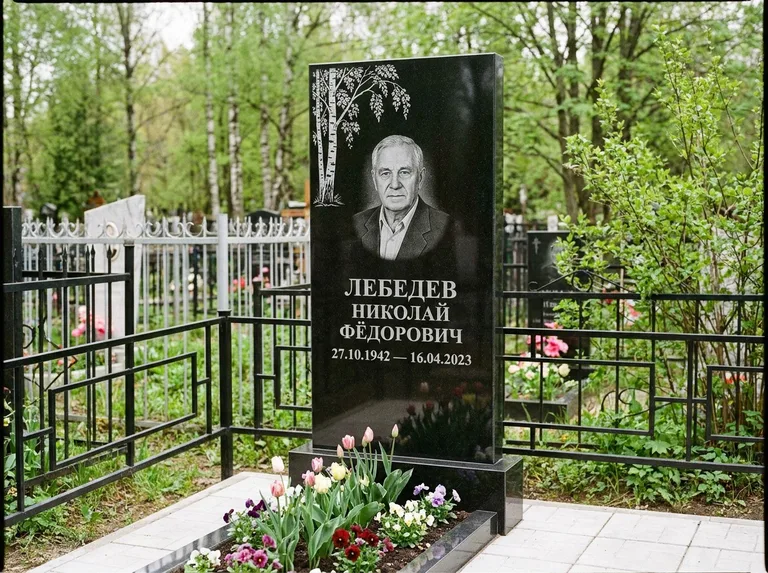 Памятник с гравировкой берёзы — гравировка одинокой берёзы над именем, работа «Лебедев» в Белгороде