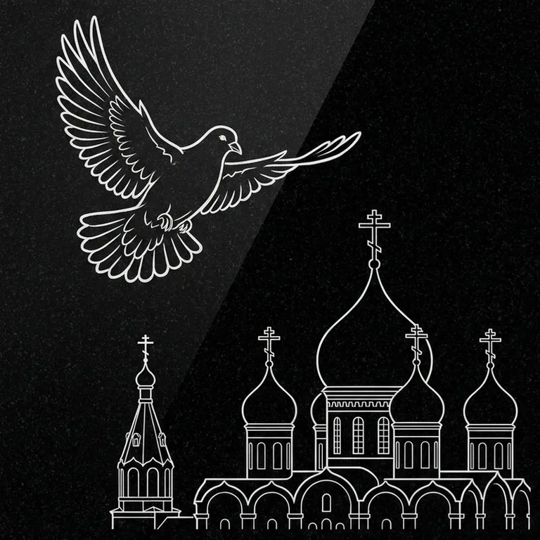 Эскиз гравировки голубей на памятник — голубь в небе над храмом в Белгороде