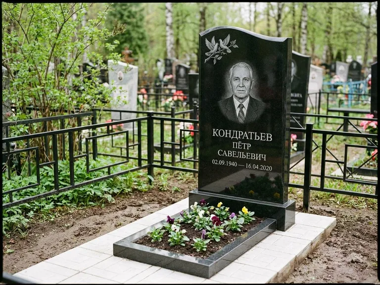 Памятник с гравировкой голубей — гравировка пары голубей на ветке в верхнем углу стелы, работа «Кондратьев» в Белгороде
