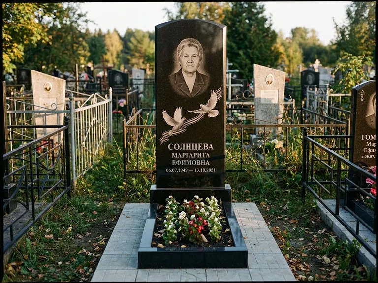 Памятник с гравировкой голубей — гравировка двух летящих голубей с лентой по диагонали стелы, работа «Солнцева» в Белгороде