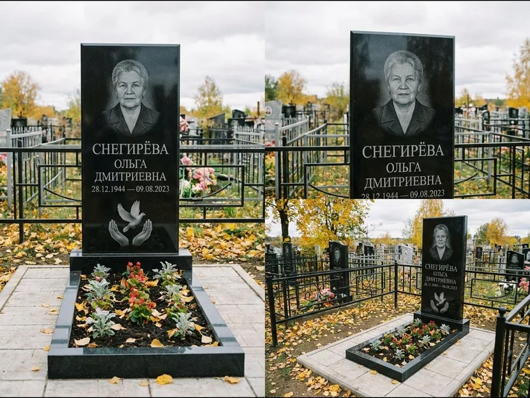 Памятник с гравировкой голубей — гравировка голубя над раскрытыми ладонями внизу стелы, работа «Снегирёва» в Белгороде