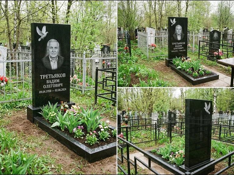 Памятник с гравировкой голубей — белая гравировка взлетающего голубя над портретом, работа «Третьяков» в Белгороде