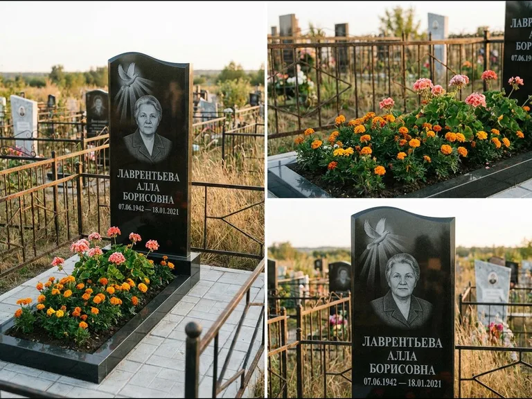 Памятник с гравировкой голубей — гравировка голубя в лучах света над портретом, работа «Лаврентьева» в Белгороде