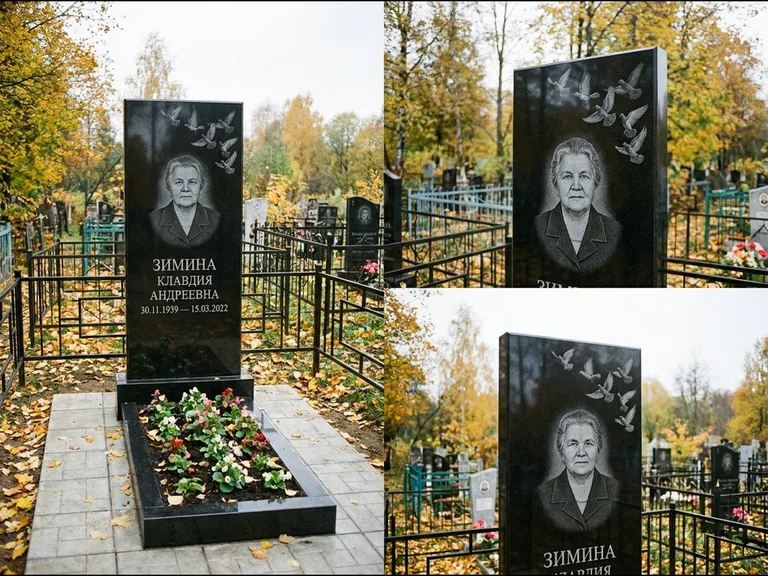 Памятник с гравировкой голубей — гравировка стаи голубей, взлетающей от угла стелы, работа «Зимина» в Белгороде