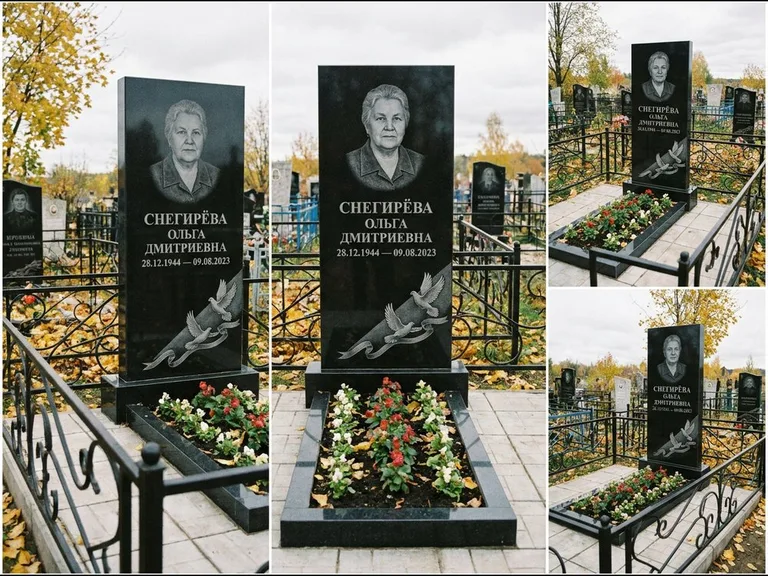 Памятник с гравировкой голубей — гравировка двух летящих голубей с лентой по диагонали стелы, работа «Снегирёва» в Белгороде