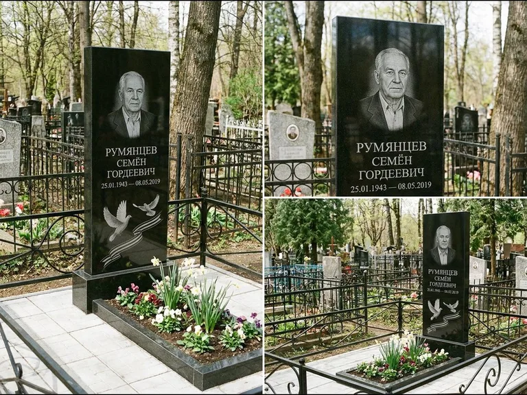 Памятник с гравировкой голубей — гравировка двух летящих голубей с лентой по диагонали стелы, работа «Румянцев» в Белгороде