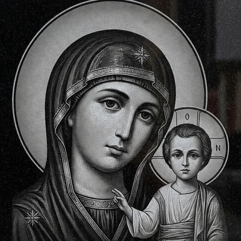 Эскиз иконы: Казанская (полутон) — детальный образ Богородицы, гравировка на памятник в Белгороде
