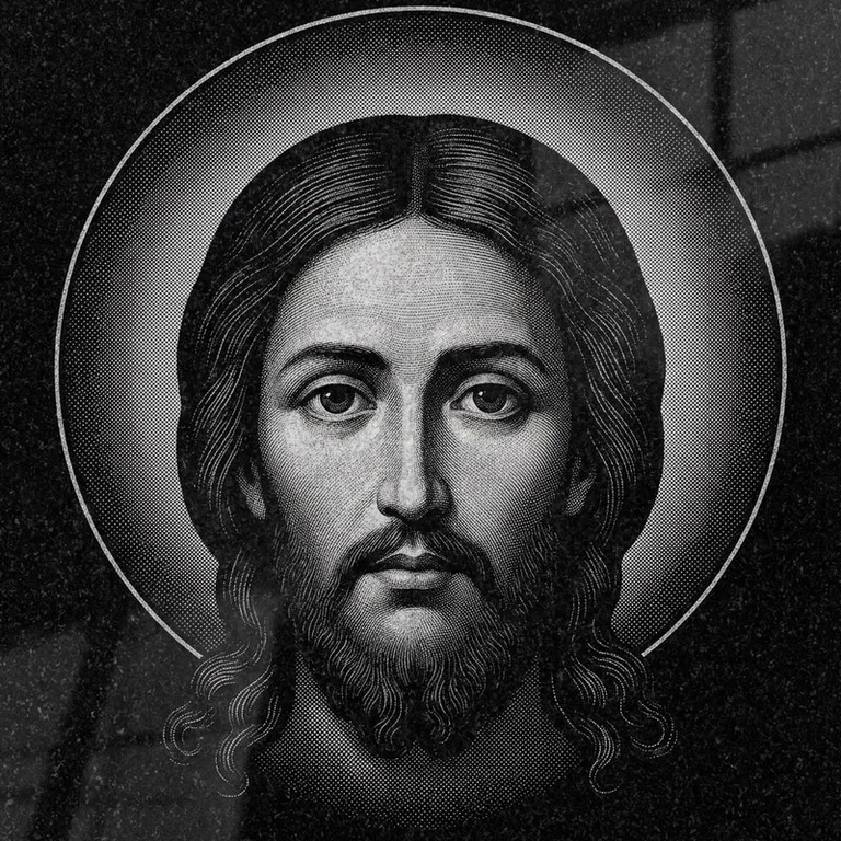 Эскиз иконы: Спас Нерукотворный (полутон) — детальный лик на убрусе, гравировка на памятник в Белгороде