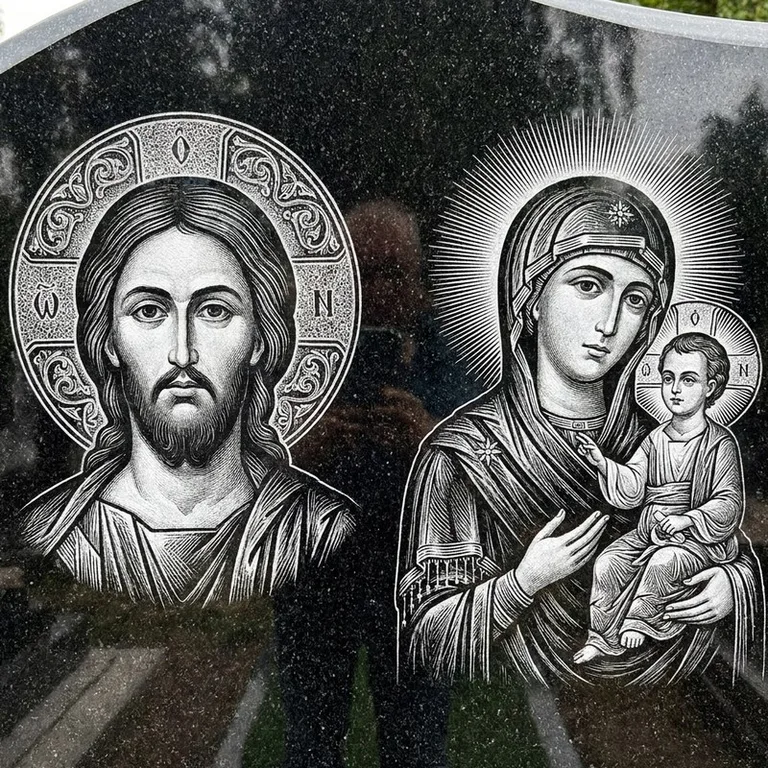 Эскиз иконы: Спаситель и Богородица — парные образы симметрично, гравировка на памятник в Белгороде