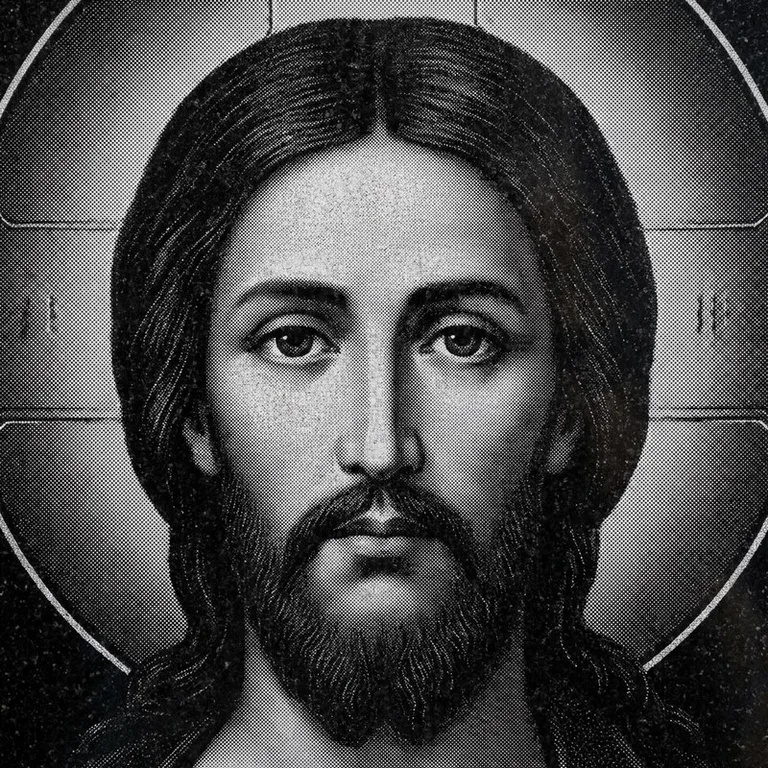 Эскиз иконы: Спас Вседержитель (полутон) — объёмный лик, светотень, гравировка на памятник в Белгороде