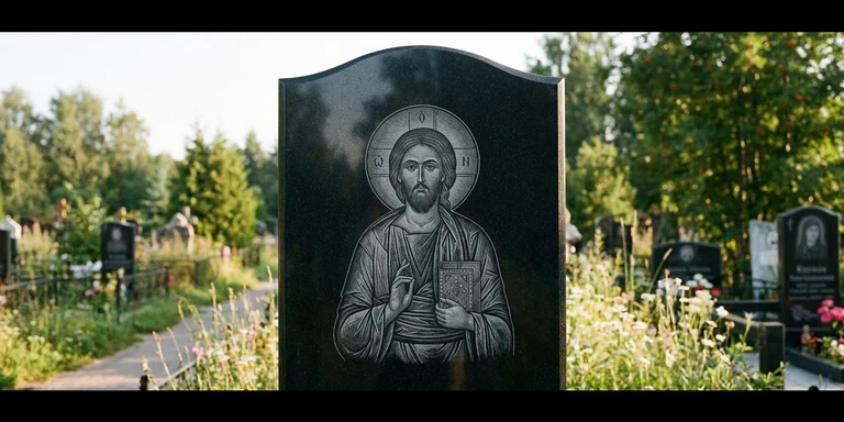 Иконы для гравировки на памятник в Белгороде — образ на стеле из чёрного гранита с ручной доводкой лика