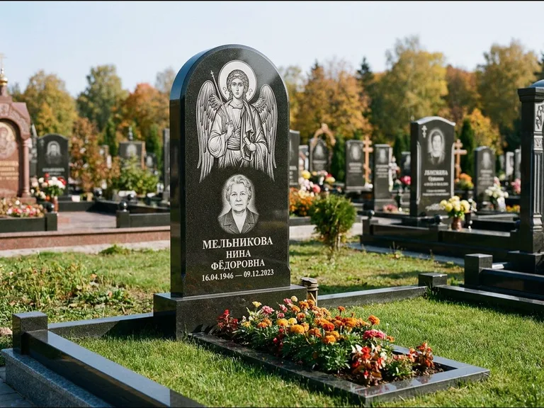 Памятник с гравировкой иконы — икона над портретом усопшего, работа «Журавлёв» в Белгороде