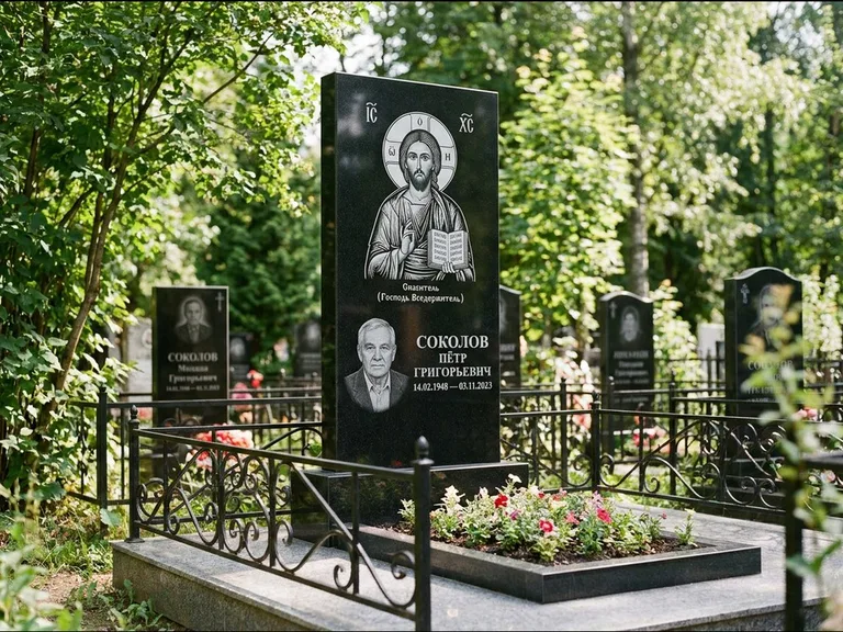 Памятник с гравировкой иконы — икона Спаса Вседержителя над именем усопшего, работа «Воронцова» в Белгороде